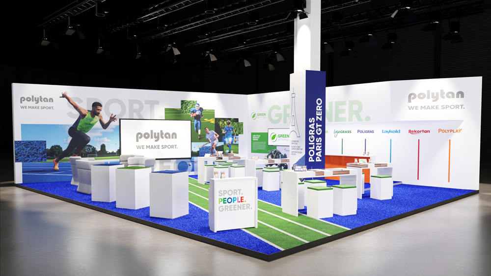 Preliminary rendering of this year´s FSB trade fair stand. Poligras Paris GT zero, which is produced in a climate-neutral way, can be seen as the trade show floor.<br />Image: Polytan
