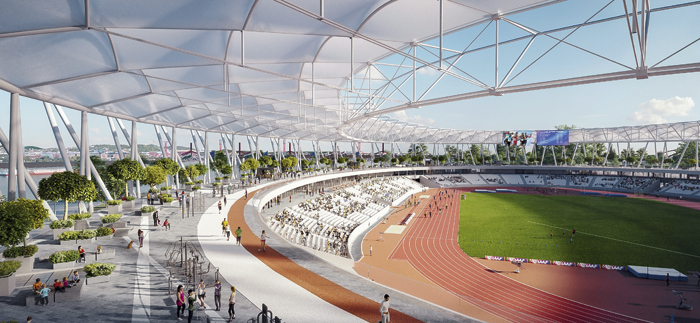 When the upper tier is removed after the big event, a plateau remains in the stadium as a public leisure area.<br/>Image: Budapest 2023 / Napur Architects