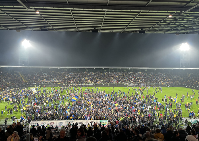 The Stadio Benito Stirpe, which opened in 2017, is one of the most modern in Italy’s Serie A. Here, Frosinone Calcio fans celebrate the promotion to the first division.<br />Image: STADIAWORLD