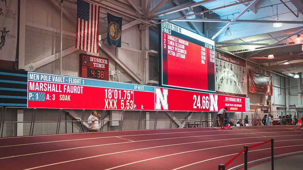 Daktronics has partnered with the University of Nebraska to design, manufacture and install two LED displays at Devaney Sports Center for indoor track and field events.<br />Image: Daktronics